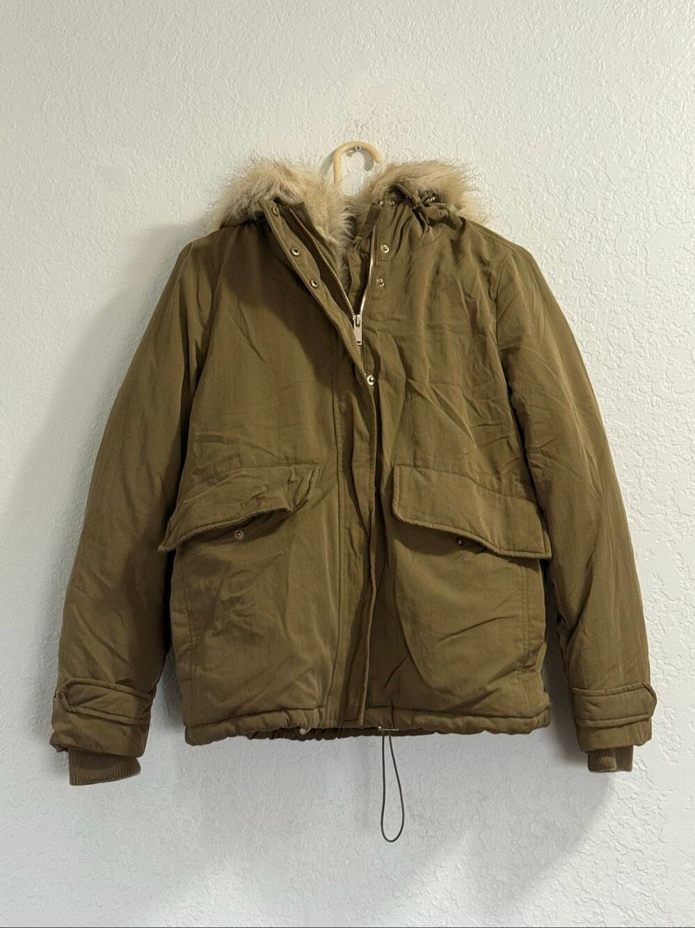 Zara Down Puffer Parka Coat Hooded Jacket w/ Faux Fur S